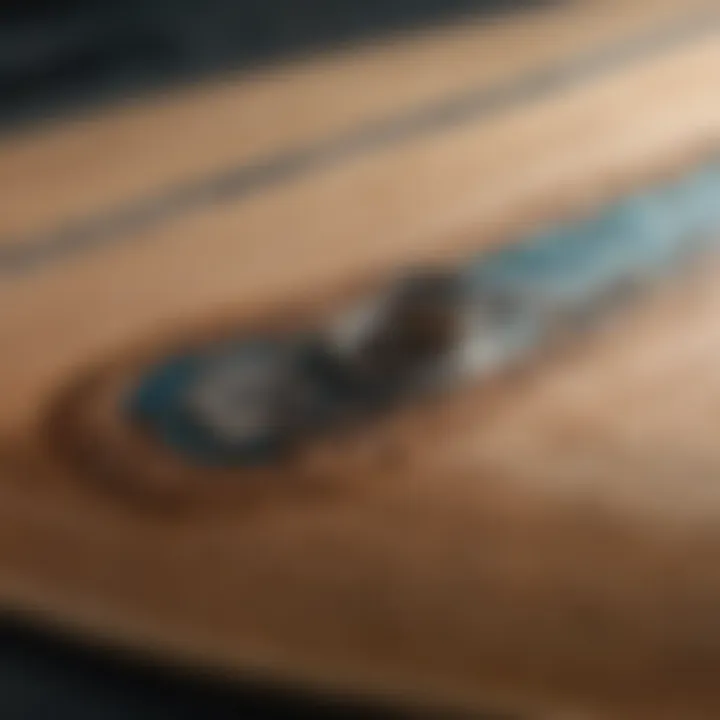 Close-up view of a skateboard deck demonstrating intricate craftsmanship and unique shape