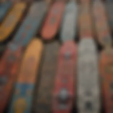 A vibrant display of skateboard decks from various brands highlighting cultural significance