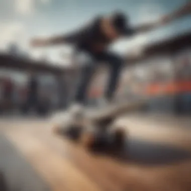 Skateboarder performing tricks on a deck with a unique design showcasing performance attributes