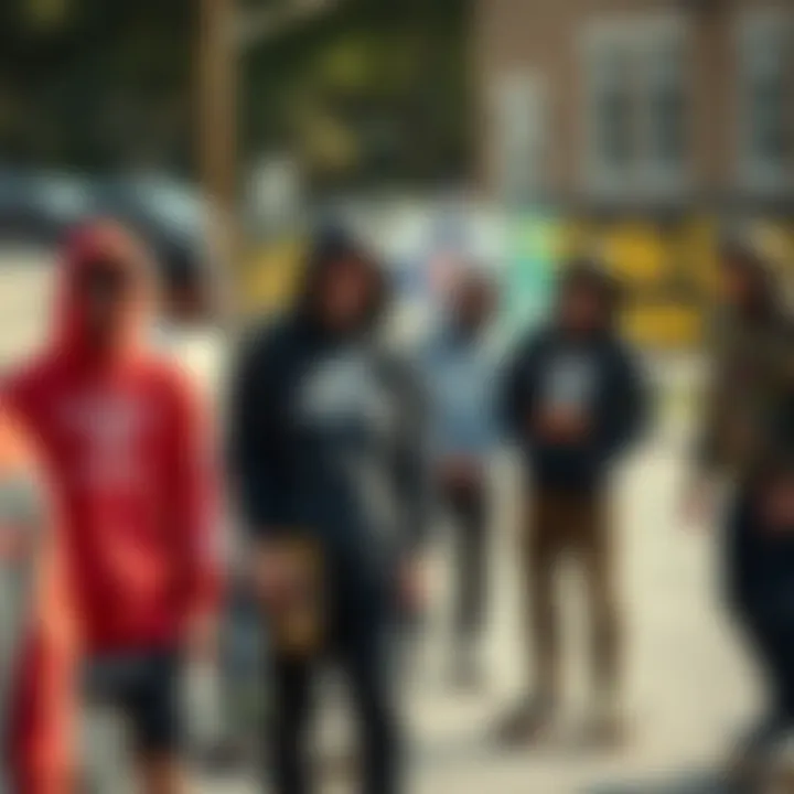 Community Engagement in Skate Culture A group of skateboarders wearing unique hoodies, engaged in community