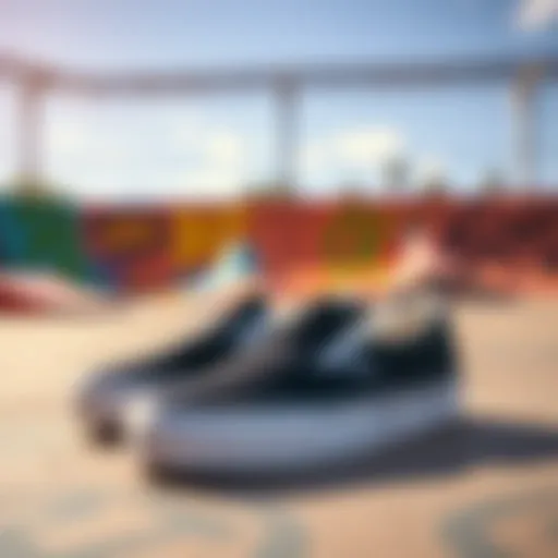 Vans Slip-Ons in a Skate Park Vans slip-on shoes displayed against a vibrant skate park backdrop