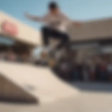 Skateboarder demonstrating tricks outside the Vans store.