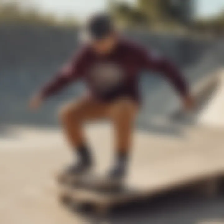 A skateboarder wearing a Volcom sweatshirt in an urban skate park