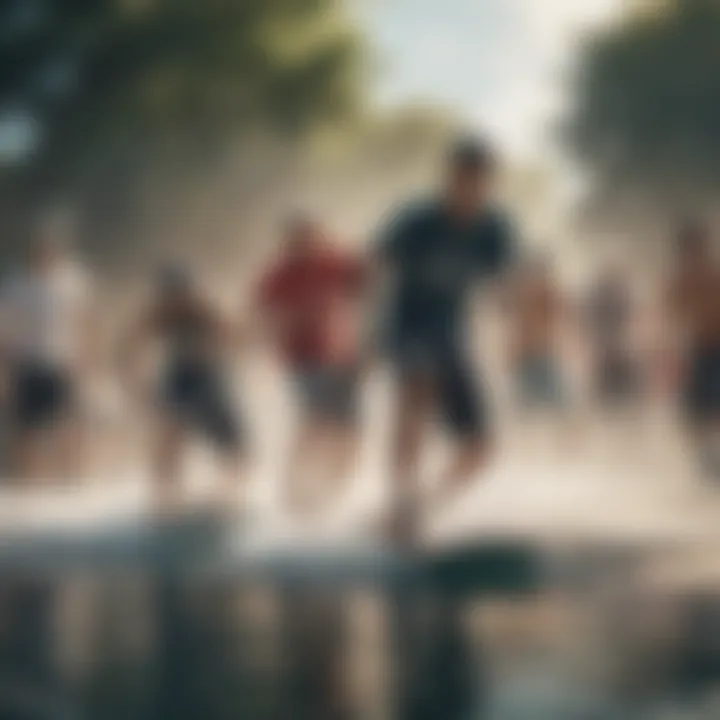 Group of enthusiasts engaging in water skateboarding