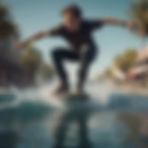 A skateboarder gliding over water with vibrant splashes