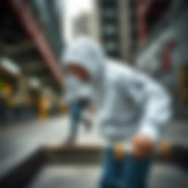 Urban Style with White Tech Fleece White tech fleece garment in an urban skateboarding environment