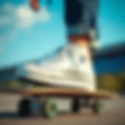 Stylish white platform Converse sneakers on a skateboard