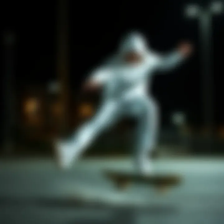 Skater demonstrating dynamic movement while wearing white skate highs