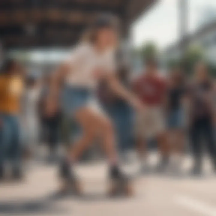 Community gathering of female skaters in stylish outfits