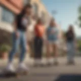 A diverse group of skaters showcasing various styles in skate wear on a vibrant street.