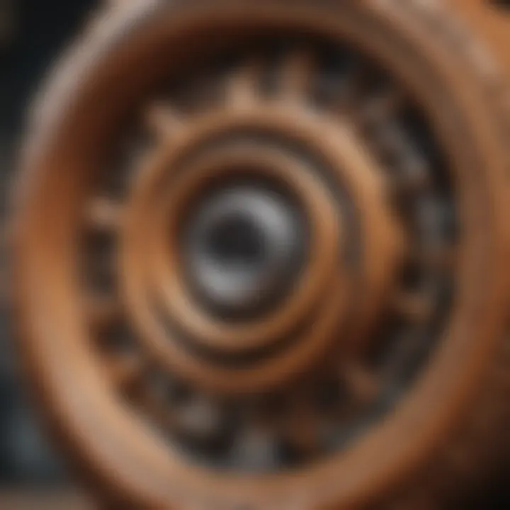 Close-up of a wooden roller skate wheel showcasing its intricate design