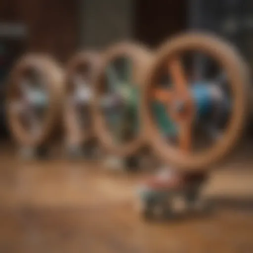 Historical wooden roller skate wheels displayed in a vintage setting