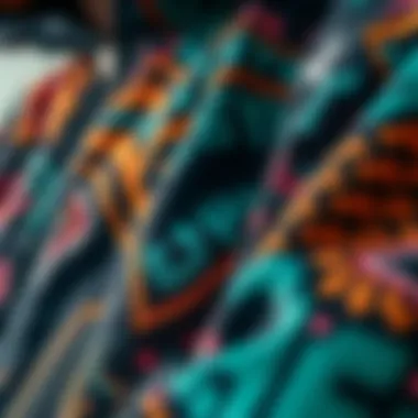 Innovative Textures and Patterns Close-up of fabric textures and patterns on an all-over print jacket, highlighting innovation in design.