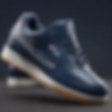 Close-up of navy blue Fila shoes showcasing design details