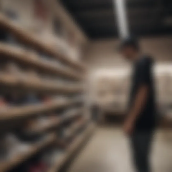 An individual browsing through Etnies shoes in a local skate shop