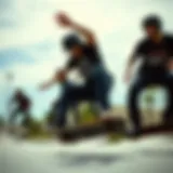 Team Synergy in Action Dynamic skateboarding maneuver showcasing team synergy