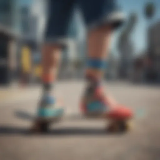 Vibrant no show socks displayed on a skateboard