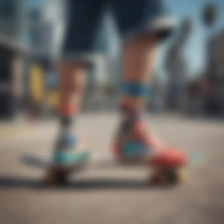 Vibrant no show socks displayed on a skateboard