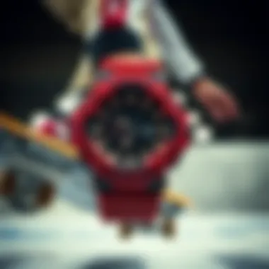 G-Shock Adrenaline Red in Action G-Shock Adrenaline Red worn by a skateboarder mid-action