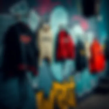 Artistic display of black and red jackets hung on a graffiti wall