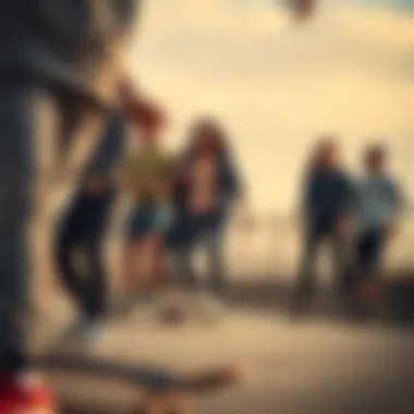 Group of skateboarders wearing gray champion leggings, representing community spirit