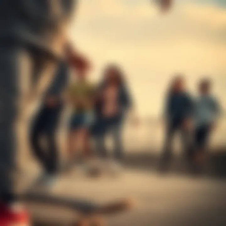 Group of skateboarders wearing gray champion leggings, representing community spirit