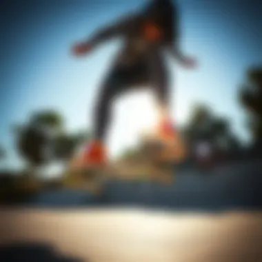 Skateboarder performing tricks while wearing gray champion leggings, emphasizing movement