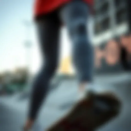 Stylish gray champion leggings showcased in an urban skate park setting