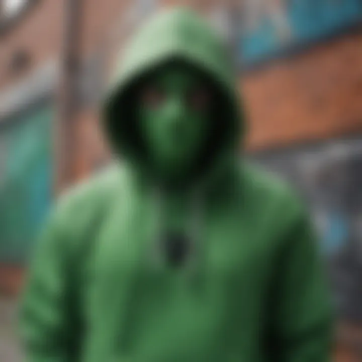 Artistic depiction of the green spider hoodie against a graffiti background.