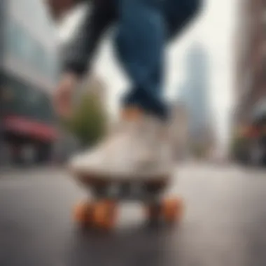 An action shot of a user skating on Heelys in an urban environment