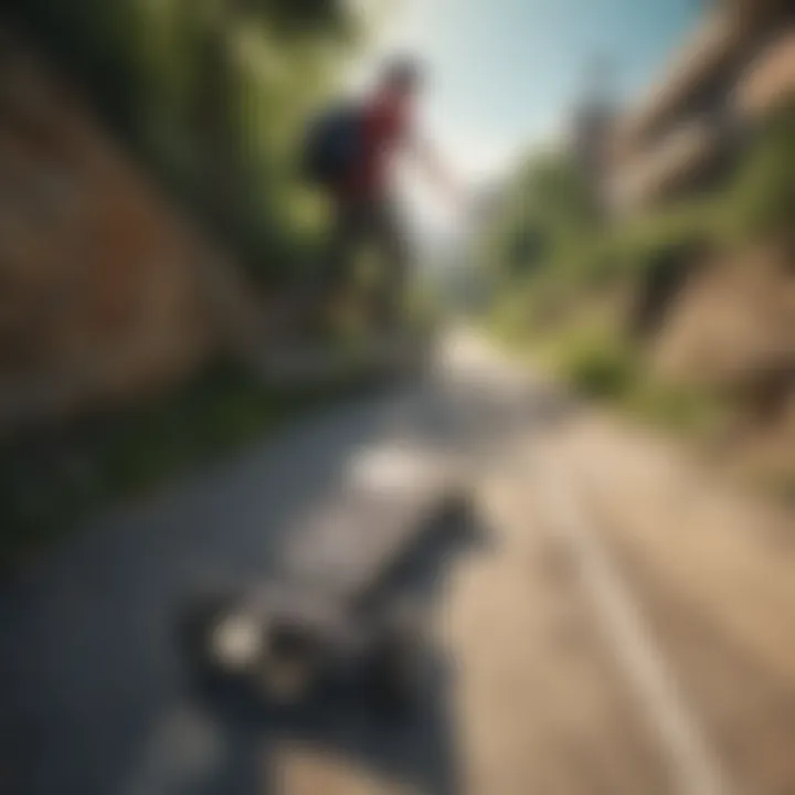 A scenic view of hikers on a trail, paralleling the urban mobility of skateboarding enthusiasts.