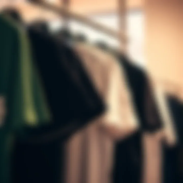 Different HUF T-shirt styles displayed on hangers