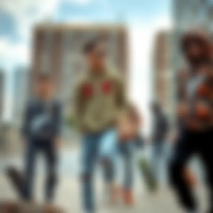 A group of skaters showcasing diverse hoodie styles in an urban setting