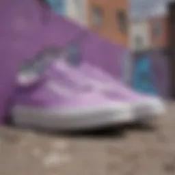 A vibrant pair of lilac Vans against a graffiti backdrop