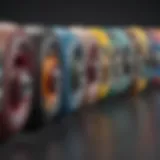 Close-up of different longboard wheels showcasing various materials and colors.