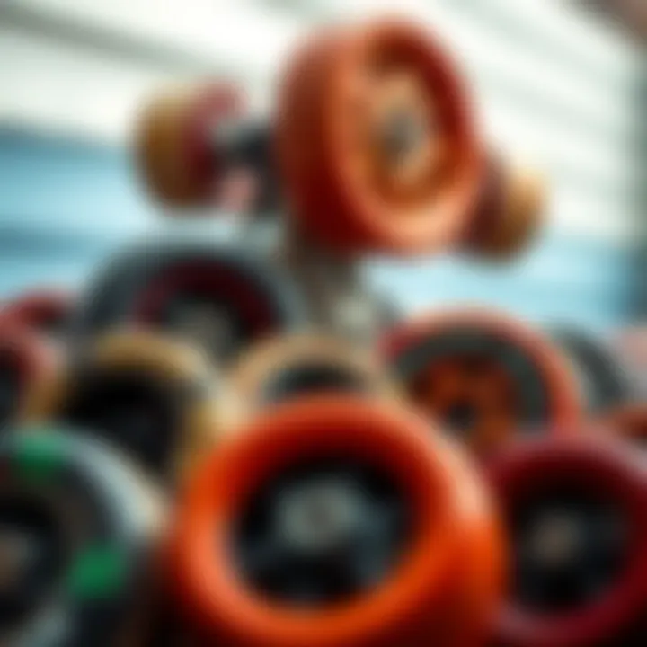 Diverse Longboard Wheels: Sizes and Materials Variety of longboard wheels highlighting different sizes and materials.