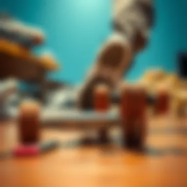 A close-up of a skateboard with Vans footwear in the background.