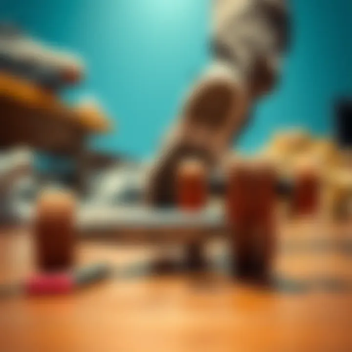 A close-up of a skateboard with Vans footwear in the background.