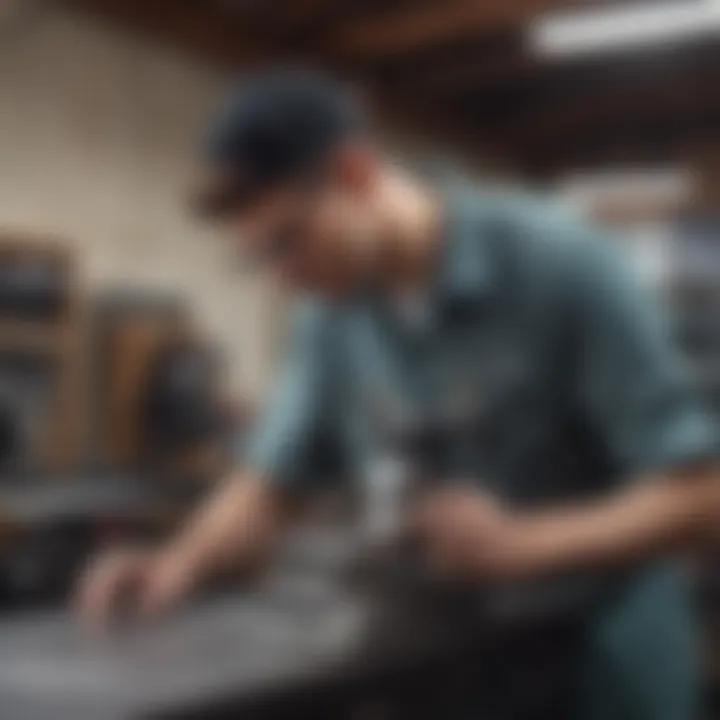 A professional technician operating a skate sharpening machine in a workshop setting.