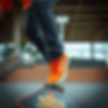 Skateboarder in Neon Orange Vans Skateboarder wearing neon orange Vans at a skate park