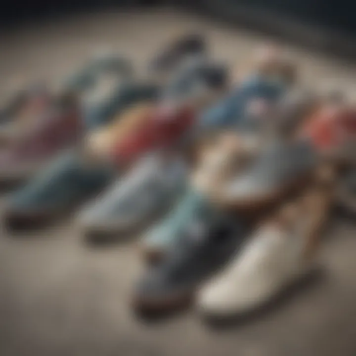 Different styles of New Balance skate shoes displayed on a skate park background