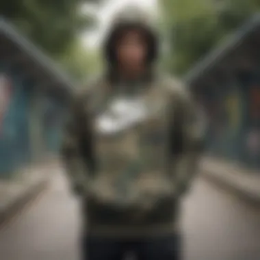 Nike camo hoodie showcased in a skate park