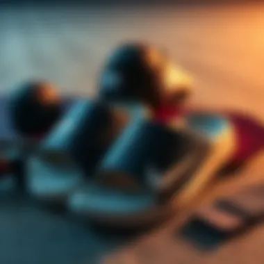 Pairing Nike SB Slides with Skateboarding Gear Stylized arrangement of Nike SB slides and skateboarding gear