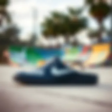 Nike SB Slides in Skate Park Setting Nike SB slides presented against a vibrant skate park backdrop