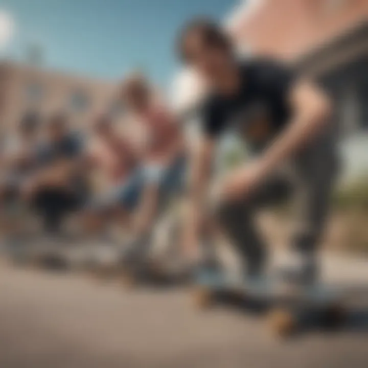 A group of diverse skaters enjoying a session with One Piece skateboards