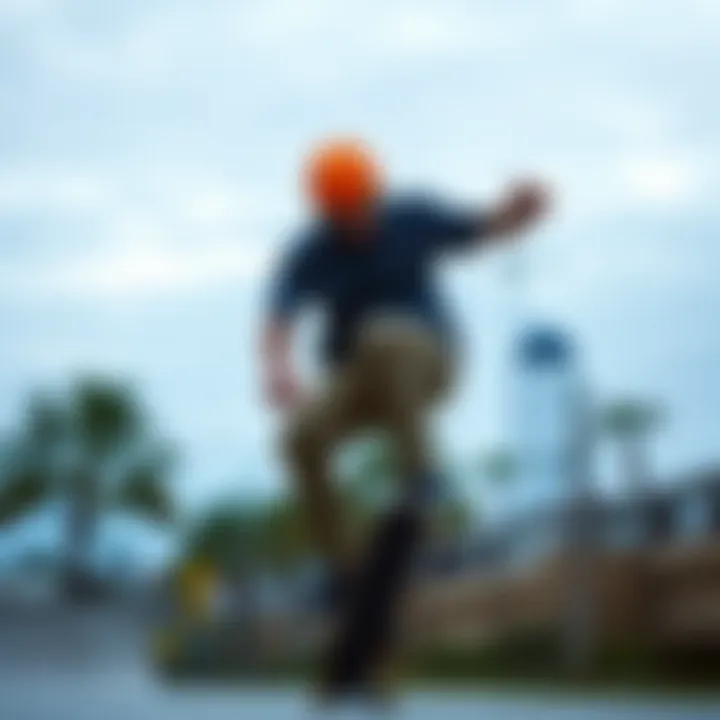 A skateboarder wearing an orange helmet in action