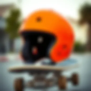 Vibrant orange skate helmet on a skateboard