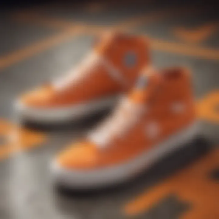 Close-up of the unique design of orange skate shoes