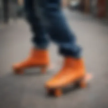 Skateboarder performing tricks wearing orange skate shoes