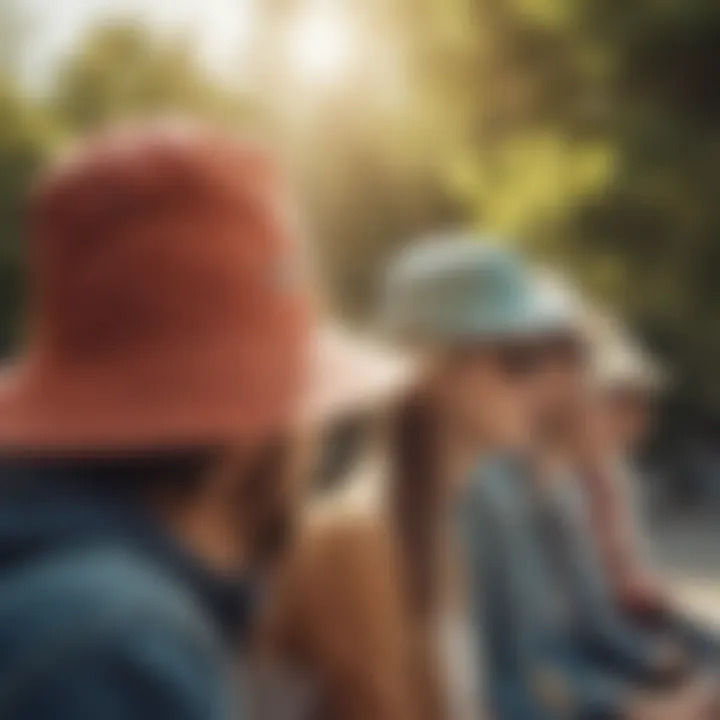 An outdoor scene with individuals enjoying a sunny day while wearing bucket hats